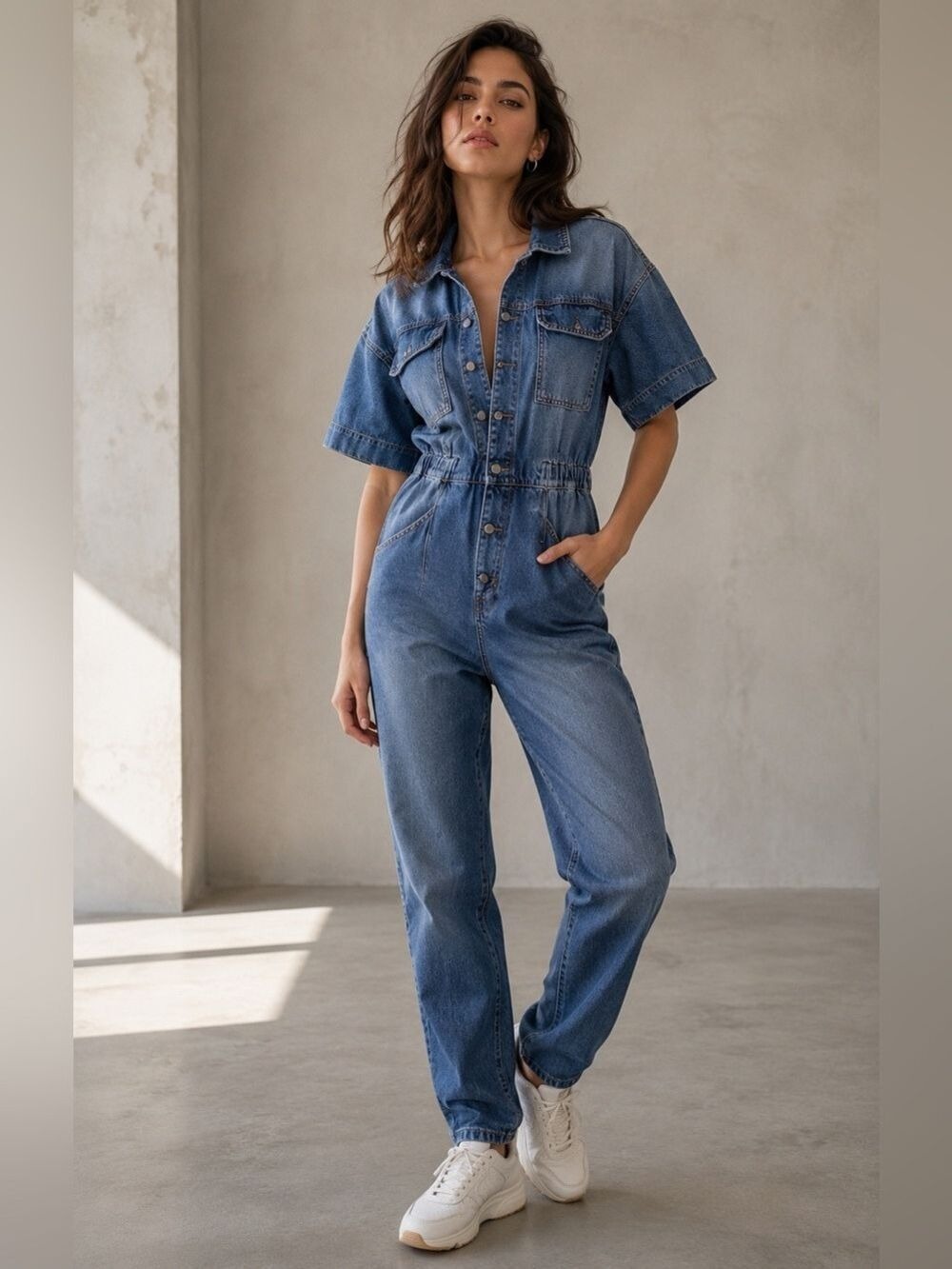 Free People WE THE FREE MARCI DENIM JUMPSUIT IN HIGH NOON. SIZE L. NWOT